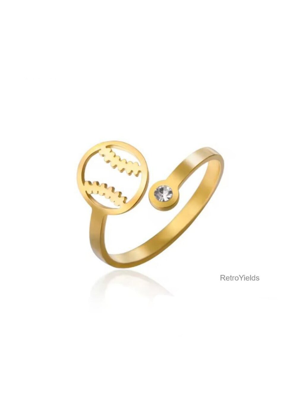 Stainless Steel CZ Baseball Open Wrap Adjustable Statement Ring